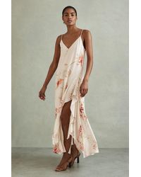 Reiss - Melody - Ivory/coral Floral Print Side Split Midi Dress - Lyst