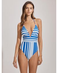 Reiss - Striped Plunge Neck Swimsuit, - Resort & Holiday Wear - Lyst