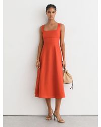 Reiss - Dorethea - Coral Orange Linen Square-neck Midi Dress, Us 10 - Lyst