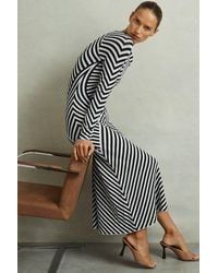 Reiss - Kali - Black/ivory Knitted Striped Midi Dress, Xs - Lyst