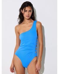 Reiss - Palma - Blue One-shoulder Button-detail Swimsuit, Us 0 - Lyst