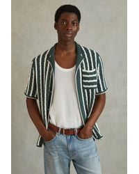 Reiss - Spritz - Green/white Oversized Crochet Striped Cuban Collar Shirt - Lyst