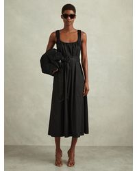 Reiss - Cotton Ruched Strap Belted Midi Dress - Lyst