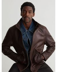 Reiss - Slarten - Burgundy Grained-leather Zip-through Jacket, M - Lyst