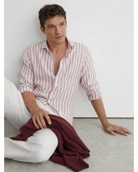 Reiss - Dusty Rose & Stripe Linen Striped Cutaway-Collar Shirt Regular-Fit - Lyst