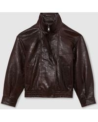 Reiss - Petra - Aubergine Petite Textured Leather Oversized Jacket, Us 6 - Lyst