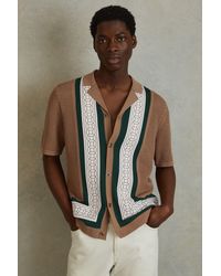 Reiss - Jensen - Camel/green Embroidered Cuban Collar Shirt, Xl - Lyst