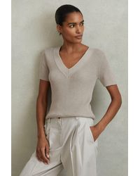 Reiss - Rosie - Neutral Cotton Blend Knitted V-neck Top, L - Lyst