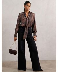 Reiss - Naomi - Brown Crocodile-print Tie-neck Blouse, Us 6 - Lyst