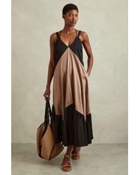 Reiss - Natalie - Brown/black Cotton Colourblock Flounced Midi Dress - Lyst