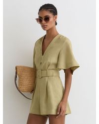 Reiss - Sansi - Green Linen Short-sleeve Belted Playsuit, Us 8 - Lyst
