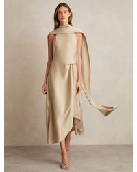 Reiss - Michelle - Champagne Neutral Satin Tuck-detail Cape Midi Dress, Us 8 - Lyst