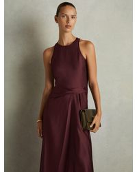 Reiss - Micah - Burgundy Petite Satin Drape Tuck Midi Dress, Us 8 - Lyst