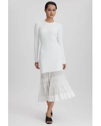 Reiss - Tasmin - Cream Knitted Sheer Flared Midi Dress - Lyst