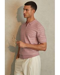 Reiss - Rizzo - Soft Pink Half-zip Knitted Polo Shirt - Lyst