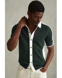 Reiss - Misto - Green/optic White Cotton Blend Open Stitch Shirt - Lyst