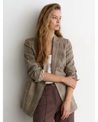 Reiss - Sybil - Neutral Check Linen Double-breasted Check Blazer, Us 14 - Lyst