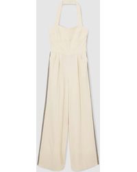 Reiss - Viola - Cream Petite Embroidery Halterneck Wide-leg Jumpsuit, Us 10 - Lyst