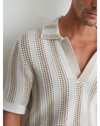 Reiss - Stone & Cotton-Blend Crochet Stripe Polo Shirt - Lyst
