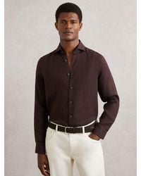 Reiss - Ruban - Dark Brown Striped Cutaway-collar 100% Linen Shirt, S - Lyst