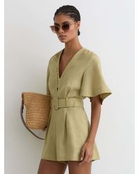 Reiss - Sansi - Green Linen Short-sleeve Belted Playsuit, Us 8 - Lyst