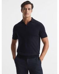 Reiss - Duchie - Navy Merino Wool Open Collar Polo Shirt, M - Lyst