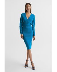 Reiss - Jenna - Blue Wool Blend Ruched Sleeve Midi Dress, M - Lyst