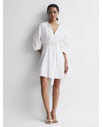 Reiss - Freida - Cream Relaxed Fit Self-tie Mini Dress With Linen, Us 4 - Lyst