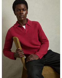 Reiss - Rib Knit Open Collar Polo Shirt - Lyst