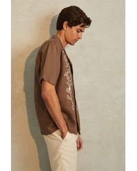 Reiss - Sonny - Tobacco Brown Linen Embroidered Cuban Collar Shirt, Xs - Lyst