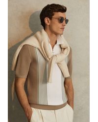 Reiss - Berlin - Camel/white Open-stitch Half-zip Polo Shirt - Lyst