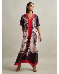 Reiss - Hanna Printed Front Split Midi Dress, Cream & Burgundy - Lyst