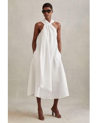 Reiss - Cosette - White Linen Blend Drape Midi Dress - Lyst