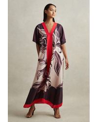 Reiss - Hanna - Ivory/burgundy Petite Printed Front Split Midi Dress - Lyst
