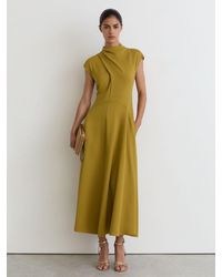 Reiss - Alma - Chartreuse Green High-neck Pleat-detail Midi Dress, Us 8 - Lyst