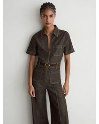 Reiss - Petite Denim Wide-Leg Jumpsuit - Lyst