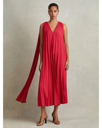 Reiss - Loreli - Coral Pleated Cape Sleeve Midi Dress, Us 8 - Lyst
