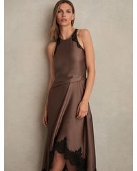 Reiss Anais - Mocha Brown Satin Drape Lace-trim Dress, Us 8 in Natural |  Lyst