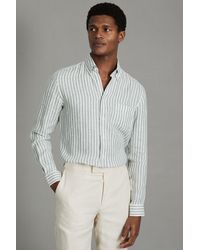 Reiss - Queens - Sage Bengal Stripe Linen Button-down Collar Shirt, Xs - Lyst