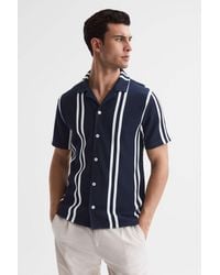 Reiss - Castle - Navy/white Ribbed Striped Cuban Collar Shirt, L - Lyst