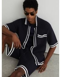 Reiss - Meadows - Navy Cotton Crochet Button-through Shirt, Xs - Lyst