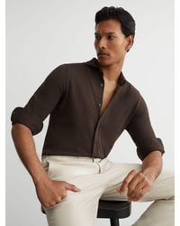 Reiss - Dasilva - Chocolate Brown Cotton-piqué Garment-dyed Shirt Regular-fit, Small - Lyst