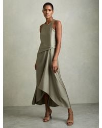 Reiss Linen Blend Drape Midi Dress in Natural | Lyst