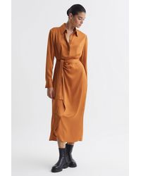 Reiss - Arabella - Rust Satin Shirt-style Midi Dress - Lyst