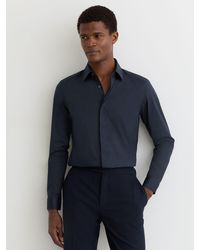 Reiss - Vega - Navy Stretch-cotton Concealed-placket Shirt Slim-fit, Us 15.5 R - Lyst