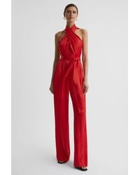 Reiss - Jules - Red Satin Halter Neck Fitted Jumpsuit - Lyst