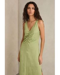 Reiss - Ruched Sleeveless Midi Dress With Linen - Lyst