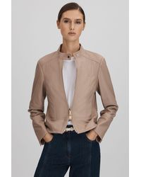 Reiss - Lola - Neutral Leather Zip-front Jacket - Lyst
