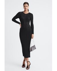 Reiss - Ida - Black Sheer Striped Bodycon Midi Dress, Xs - Lyst