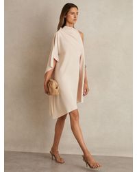 Reiss Ellery One-Shoulder Draped Woven Mini Dress in Natural